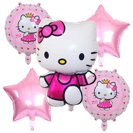 Pink Hello Kitty 5 Balloons Bouquet | 25 Inch And 17 Inch Size Kids Balloon Decorations For Girls Birthday Party Centerpiece Backdrop Decor