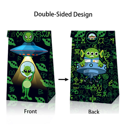 Alien Goodie Bags with Stickers – 12 Pack Party Favor Bags | 4 Double-Sided Designs + 18 Stickers | Space Birthday Party Supplies