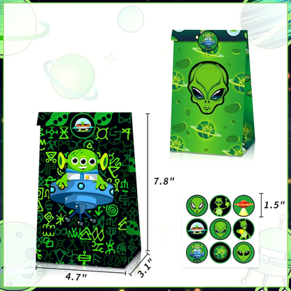 Alien Goodie Bags with Stickers – 12 Pack Party Favor Bags | 4 Double-Sided Designs + 18 Stickers | Space Birthday Party Supplies