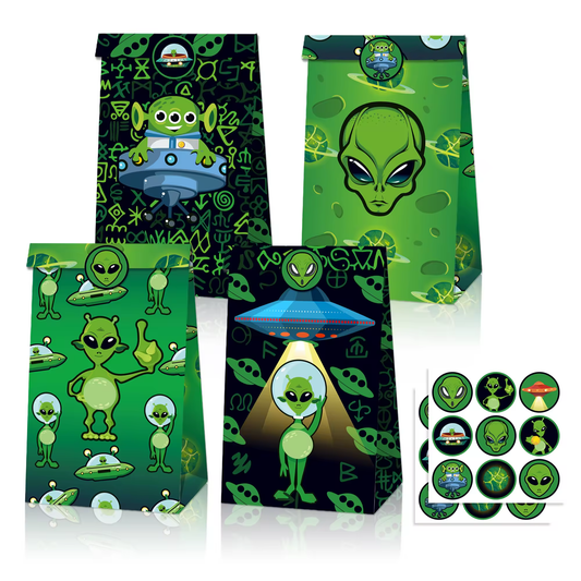 Alien Goodie Bags with Stickers – 12 Pack Party Favor Bags | 4 Double-Sided Designs + 18 Stickers | Space Birthday Party Supplies