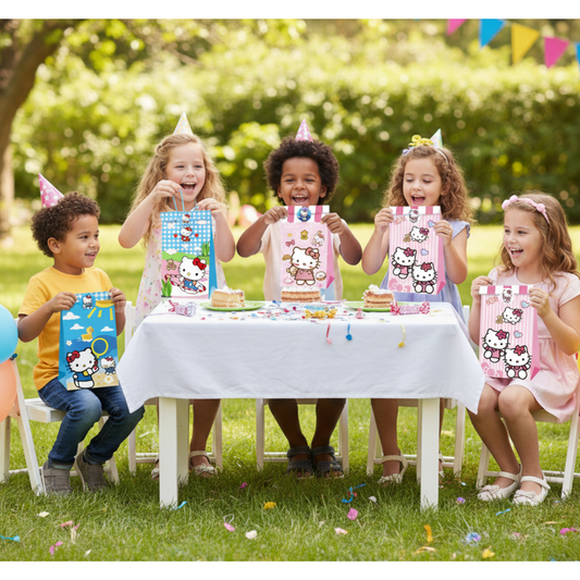 Hello Kitty Goodie Bags with Stickers – 12 Pack Party Favor Bags | Pink & Blue Double-Sided Designs | Kids Birthday Party Supplies