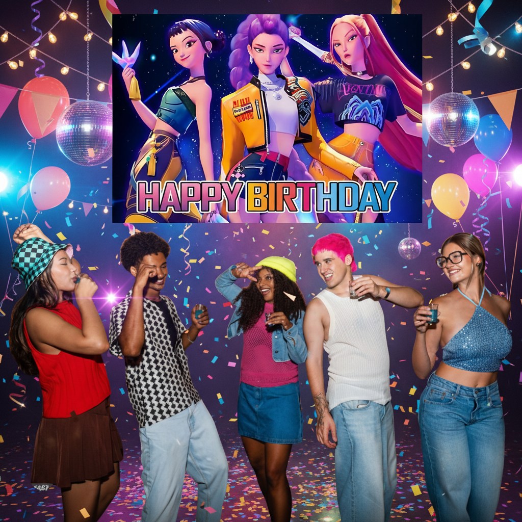 KPop Demon Hunters Birthday Party Backdrop, 3x5 Foot Banner with Fast Shipping