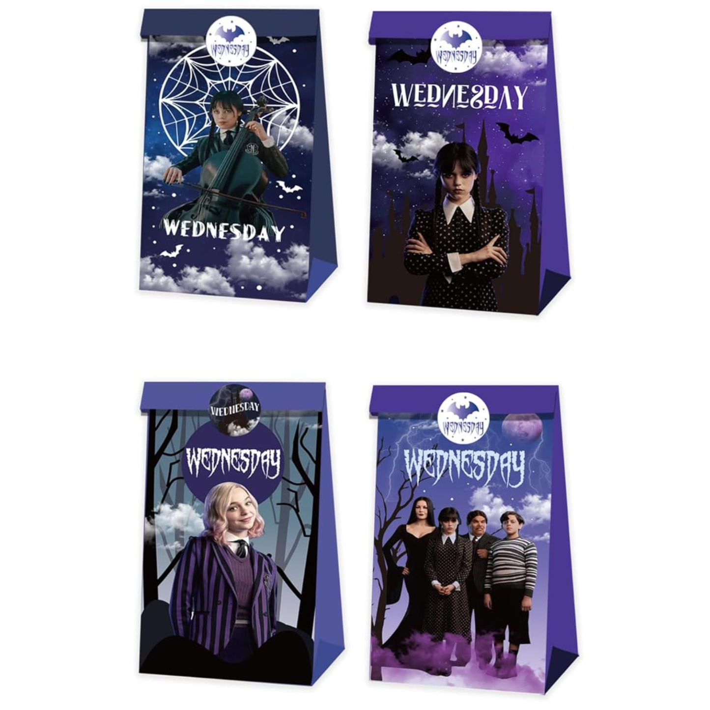 Wednesday Addams Goodie Bags with Stickers – 20 Pack Party Favor Bags | 8 Double-Sided Designs + 27 Stickers | Gothic Halloween Birthday Party Supplies
