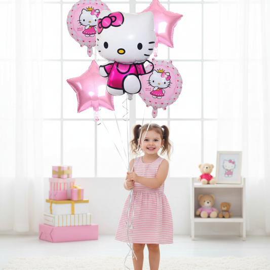 Pink Hello Kitty 5 Balloons Bouquet | 25 Inch And 17 Inch Size Kids Balloon Decorations For Girls Birthday Party Centerpiece Backdrop Decor