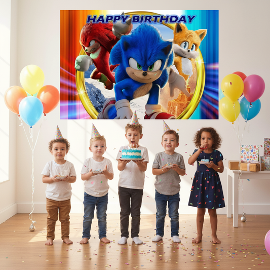 Sonic The Hedgehog Birthday Party Backdrop 5x3 Foot Banner Decoration Featuring Sonic Knuckles and Tails Fast Shipping Available